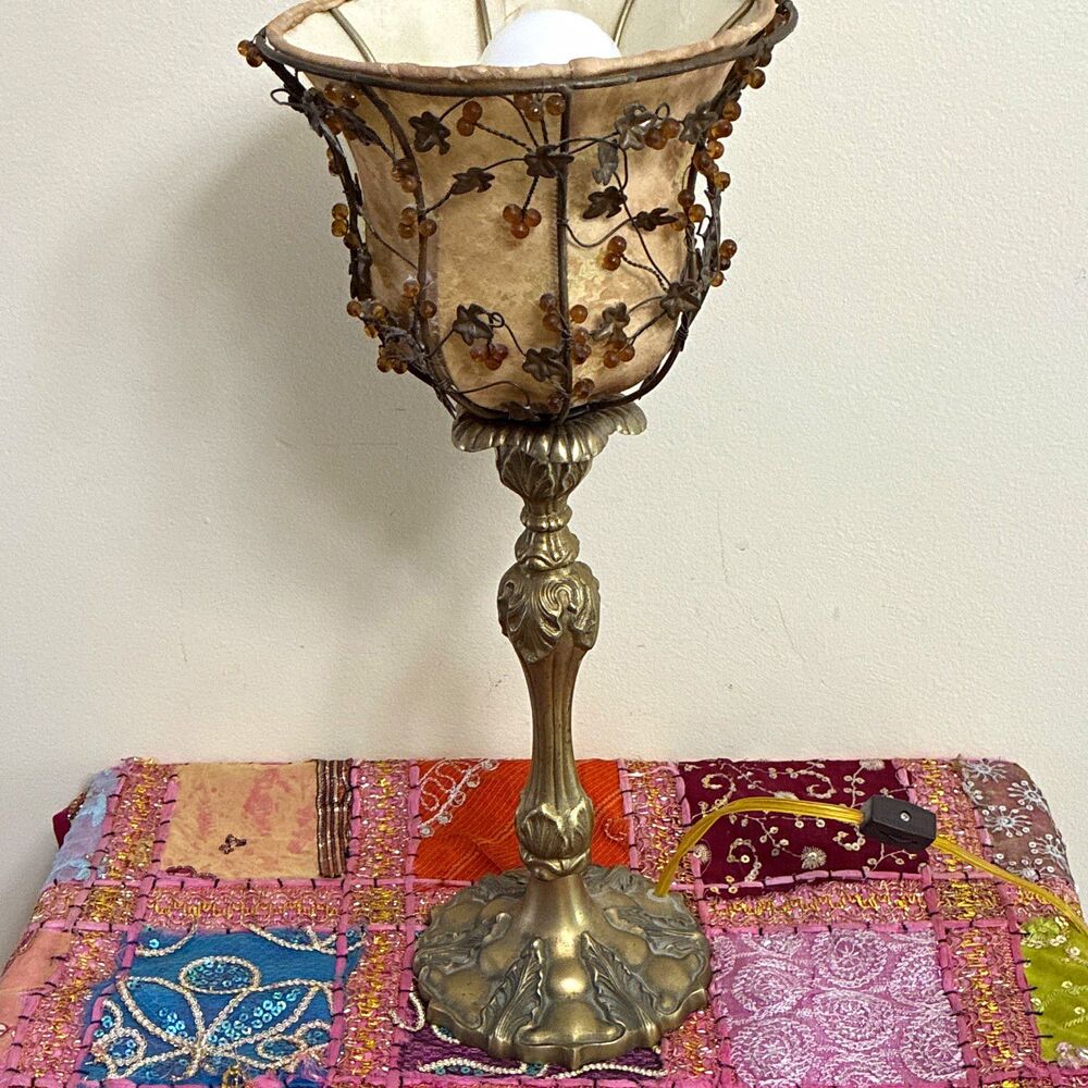 Bronze Table Lamp Floral Bell Fabric Shade Corded Switch (India) About 19 x 8